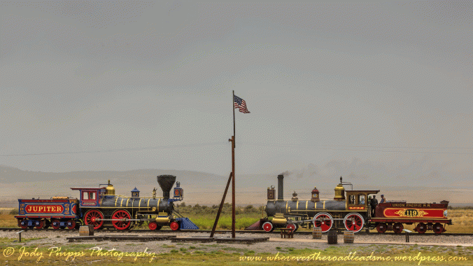Replicas of the Jupiter and the No. 119 meet at the completion of the first Transcontinental Railroad at Golden Spike National Historic Park.